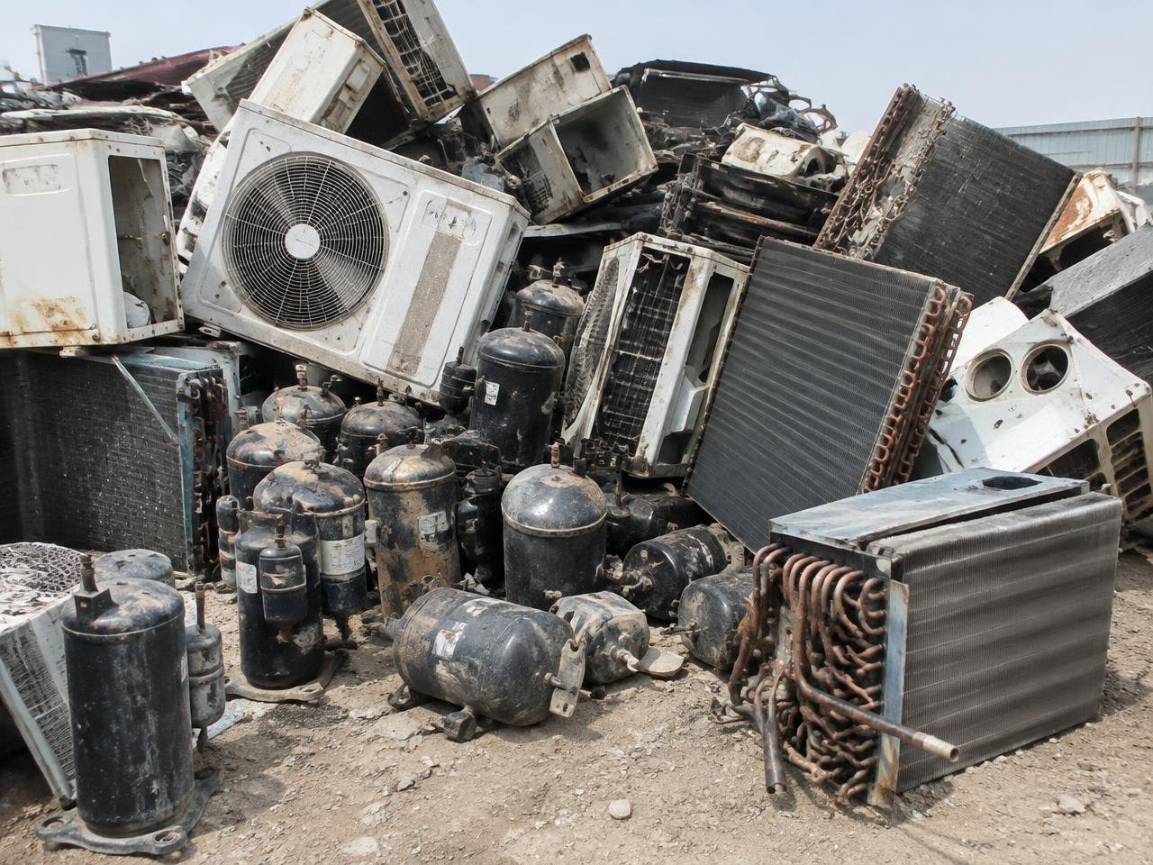 Decommissioned air-conditioning units stacked for recycling